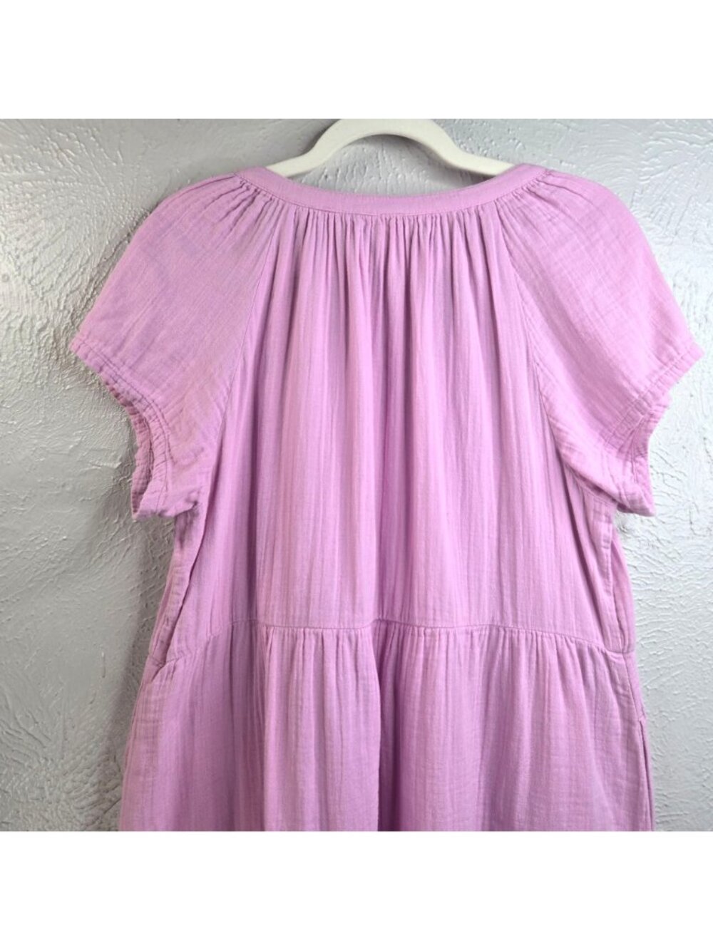 Pact Organic Cotton Gauze Mini Dress Purple Lilac Tiered Pocket Coastal Summer L - Picture 8 of 11